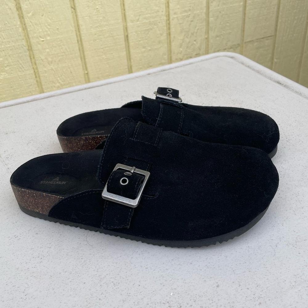 Black Suede Clogs with Buckle